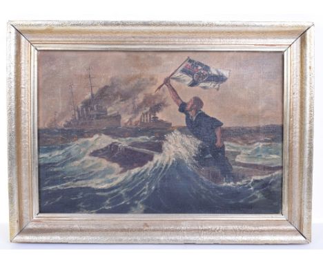 Imperial German Patriotic Oil Painting “The Last Man” after Hans Bohrdt, the oil on canvas shows Imperial German sailor holdi