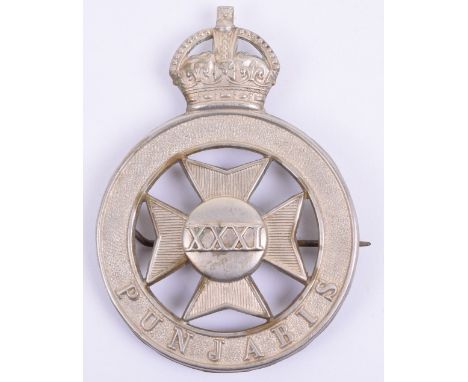 Indian Army 31st Punjabis Pagri Badge, white metal crowned circlet with PUNJABIS to the bottom, Maltese cross to the centre w