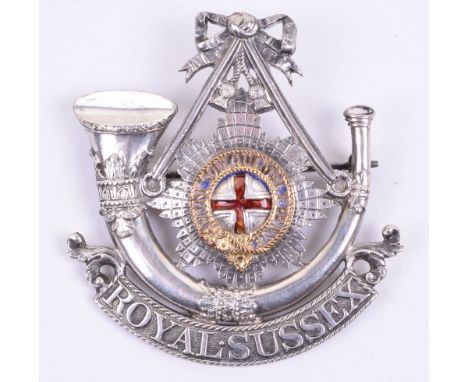 1874 Royal Sussex Militia Officers Glengarry Badge, silvered garter with red enamel centre, set within a strung bugle with ti
