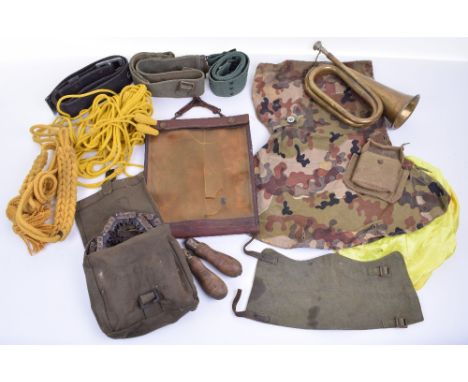 Selection of Military Equipment, including brass War Department stamped bugle, officers brown leather map case, British army 