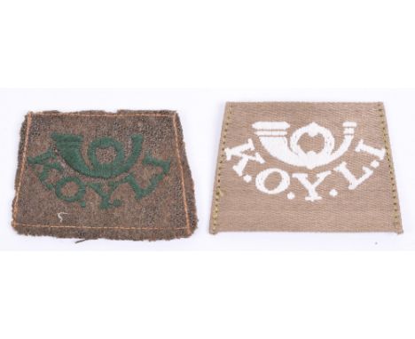 Great War Kings Own Yorkshire Light Infantry (K.O.Y.L.I) Slip On Shoulder Titles, consisting of a scarce green embroidered Fr