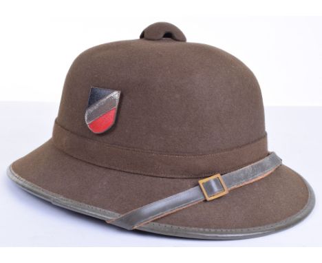 WW2 German Afrika Korps Pith / Sun Helmet, being a 2nd model example in olive felt. Metal eagle and tri-colour decals to the 