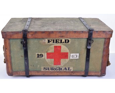 British Field Surgical Trunk, interesting wicker basket with canvas and leather covered top and sides. Steel metal lock plate