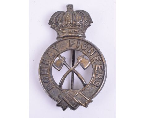 Indian Army Bombay Pioneers Pagri Badge, silvered crowned strap with BOMBAY PIONEERS within and crossed axes to the centre. P