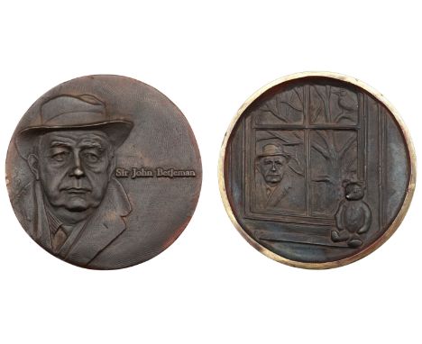 Quinn, Peter (British, 1943-present); b. Lewes   ENGLAND, Sir John Betjeman, 1985, a cast bronze medal by P. Quinn [Lunts Cas