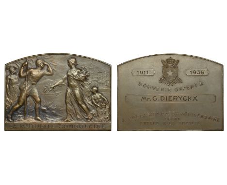 Baetes, Jules (Belgian, 1861-1937); b. Antwerp   BELGIAN CONGO, La Mutuelle Congolaise, 1922, 25 Years of Service, a bronze a