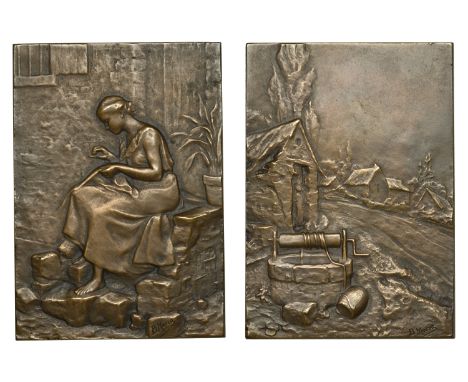 Moria, Blanche-Adèle (French, 1859-1926); b. Paris   FRANCE, Au Village, la Couture [Village Culture], 1906, a bronze plaque 