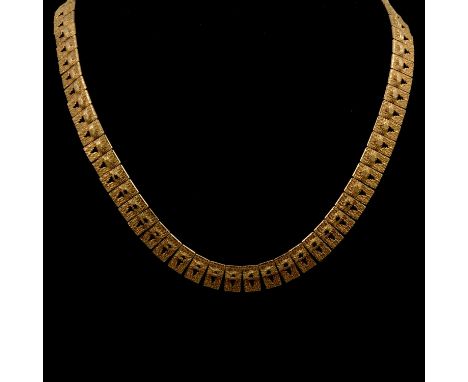 A 9 carat yellow fringe necklace, 10mm wide bark textured links, 40cm long with a 5cm extension chain, bolt ring fastener bro