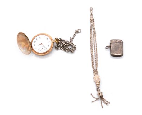 A gold-plated full hunter pocket watch, silver and white metal watch chains, and a vesta, a gold-plated full hunter pocket wa