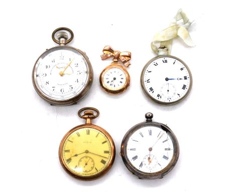 A 9 carat yellow gold fob watch and brooch, and four silver and other metal pocket watches, a 9 carat yellow gold fob watch, 