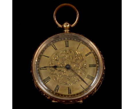 A yellow metal open face pocket watch, the circular gold-coloured dial with roman numeral chapter ring and engraved floral de