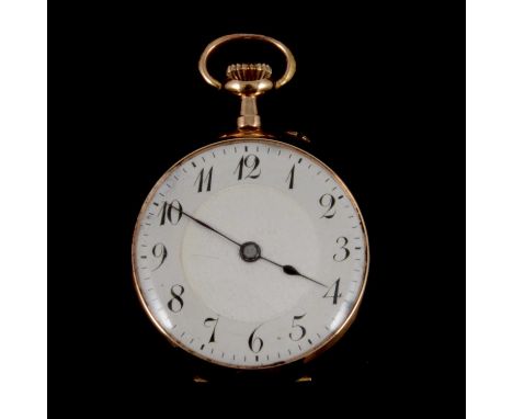 A small rose metal fob watch, the white engine turned dial with Arabic numeral chapter ring in a rose metal case marked 14k, 