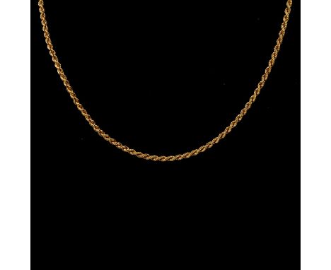 A yellow metal 2.5mm gauge solid rope link chain necklace 45cm long, marked 750, 14.7g.