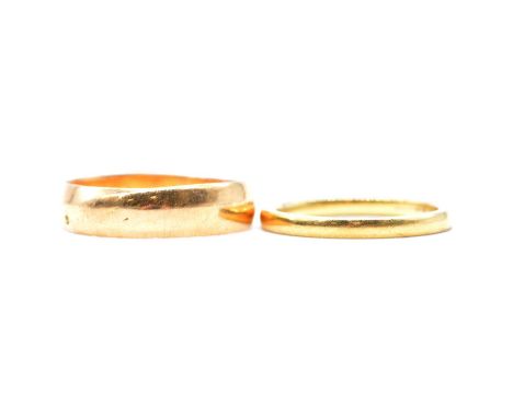 Two 18 carat yellow gold wedding bands, an 18 carat yellow gold wedding band, 4.6mm wide plain polished band, hallmarked Ches