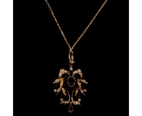 An Edwardian garnet and pearl pendant and chain, the 35mm yellow metal framework marked 9ct set with seed pearls, oval garnet