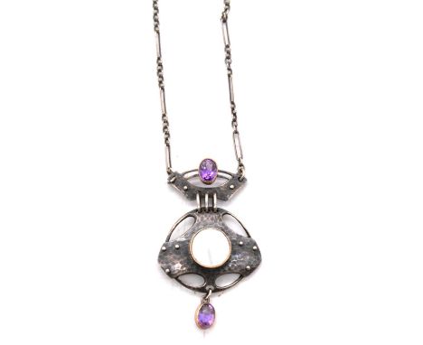 Murrle Bennett &amp; Co - an Arts &amp; Crafts amethyst and mother-of-pearl white metal pendant necklace, the openwork planis