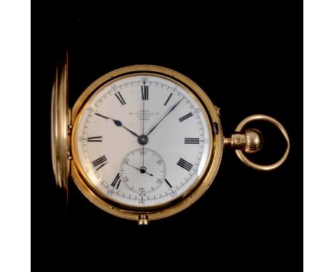 Dent - an 18 carat yellow gold full hunter pocket watch with stop watch mechanism, white enamel dial with roman numeral chapt