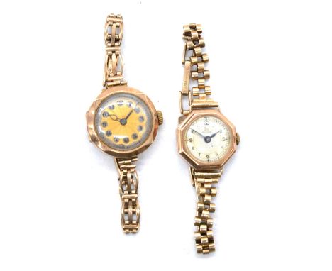 Two ladies' 9 carat yellow gold vintage bracelet wristwatches, Record - a lady's 9 carat yellow gold bracelet wristwatch, 16m