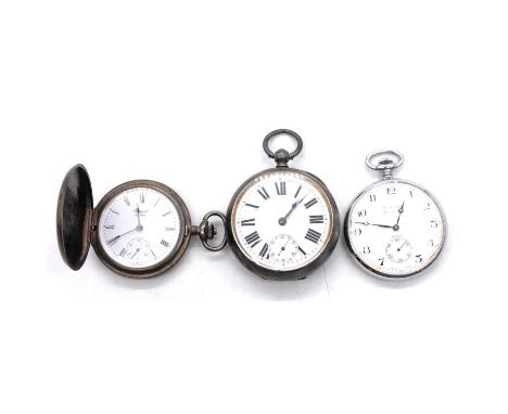 Two silver pocket watches and a modern pocket watch, a silver open face pocket watch, the white enamel dial with roman numera