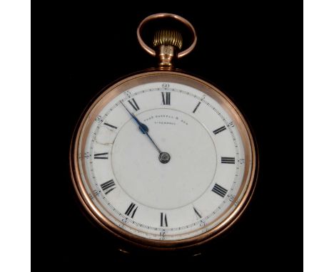 Tho's Russell &amp; Son - a 9 carat yellow gold open face pocket watch, the circular cream dial with Arabic numeral chapter r