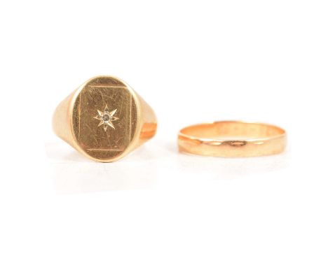 A gold signet ring and a wedding ring, a 9 carat yellow gold signet ring set with a small diamond into head, shank has been c