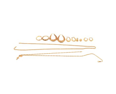 Two 9 carat gold rope chains, ring, earrings and charms, a 9 carat yellow gold rope chain, 52cm; another 9 carat yellow gold 