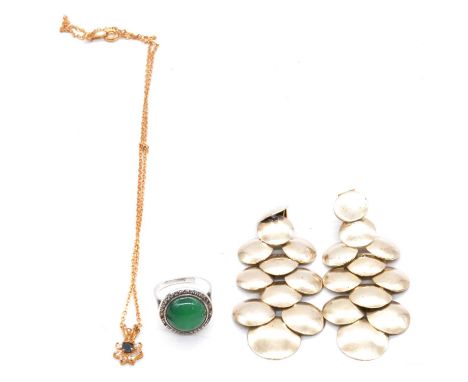 A green chalcedony and marcasite ring, drop earrings, plated pendant and chain, a green chalcedony and marcasite ring, the 13