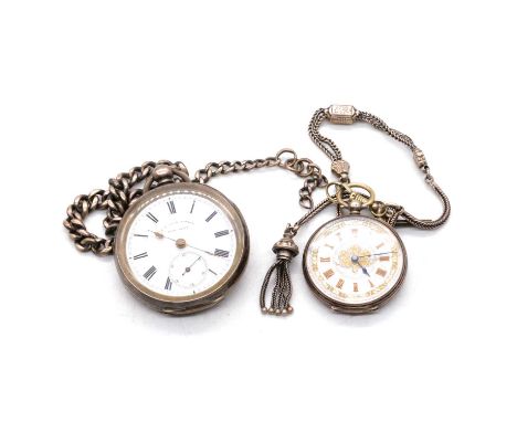 A white metal open face pocket watch, a white metal fob watch, Albert and Albertine watch chains, a white metal open face poc