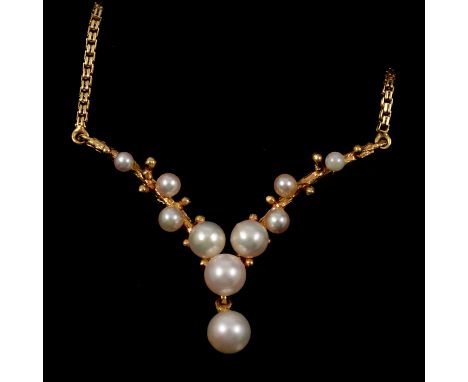 A pearl and gold necklace, nine cultured pearls graduating from 2.6mm to 5.4mm set to a V-shaped branch motif to centre with 