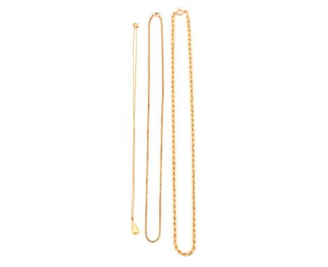 Three gold / yellow metal chains and a cultured pearl drop, a 9 carat yellow gold 3.5mm gauge hollow rope link chain, bolt fa
