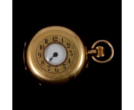 A yellow metal half hunter fob watch, the circular white enamel dial with Arabic numeral chapter ring in a yellow metal plain