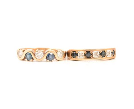 Two sapphire and diamond half hoop rings, a sapphire and diamond five stone ring, the round mixed cut sapphires and alternati