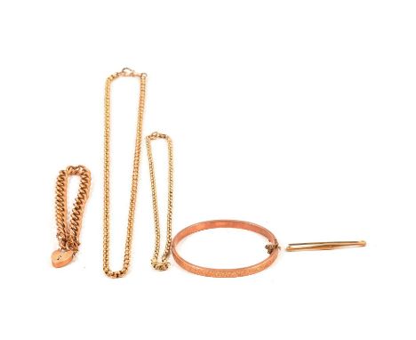 A curb link bracelet, two belcher link chains, 9 carat rose gold bangle, bar brooch with metal pin, a yellow metal 7.5mm gaug