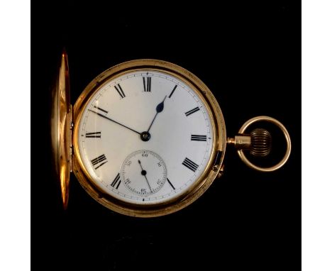 An 18 carat yellow gold full hunter pocket watch, the white enamel dial with roman numeral chapter ring and subsidiary second