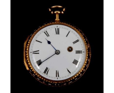 A yellow metal and enamel open face pocket watch and gilt metal and enamel chatelaine belt clip, a yellow metal and enamel op