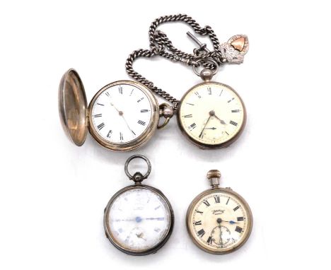 Three silver cased pocket watches, a "Services" Army pocket watch and a double Albert watch chain, a silver full hunter pocke