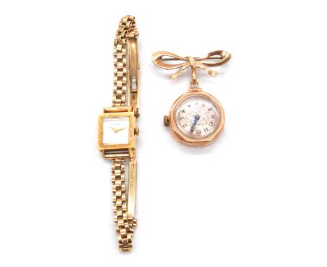 A lady's yellow metal vintage bracelet wristwatch and a 9 carat gold fob watch and bow brooch, a lady's yellow metal vintage 