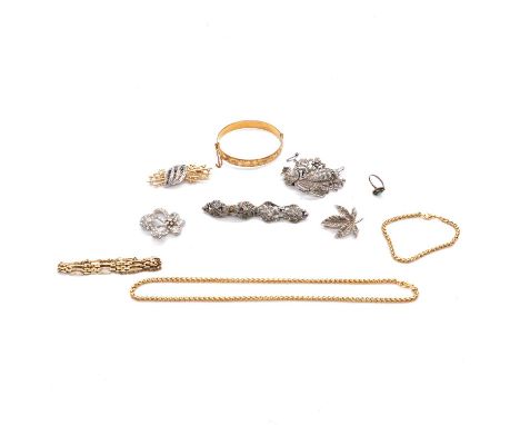 A tray of costume and marcasite jewellery, a 10mm gold-plated half hinged bangle (9ct with metal core); a gold-plated chain n