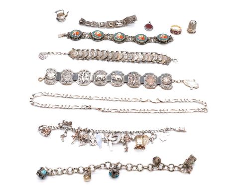 Silver charm bracelets and charms, ring, chains, Indian jewellery, micro mosaic, silver charm bracelets and loose charms; a s