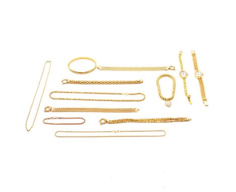 Silver gilt and gilt white metal chains, bracelets, bangle and wristwatches, two gilt white metal rope chains, 44cm and 45cm;