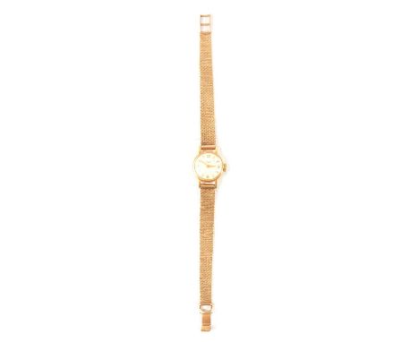 Longines - a lady's yellow gold bracelet wristwatch, 15mm circular champagne raised baton dial with Arabic numerals at 12, 3,