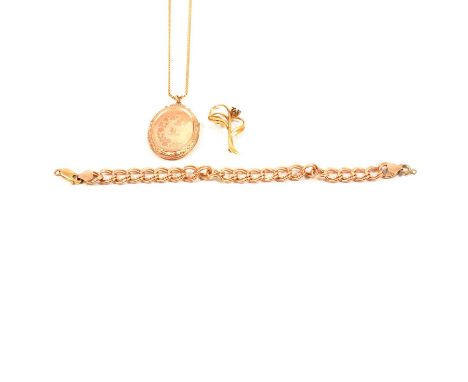A 9 carat rose gold bracelet, Back and Front locket on chain, and yellow metal brooch, a 9 carat rose gold double curb link c