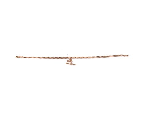 A rose metal double Albert watch chain, 6.1mm gauge hollow curb links, fitted with a T bar and two swivel fasteners, overall 