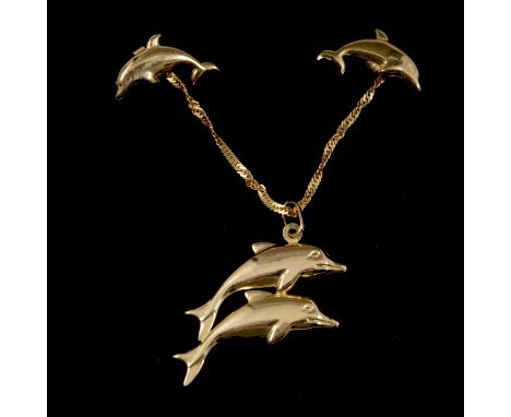 A 9 carat yellow gold double dolphin pendant on a chain and pair of dolphin earstuds, a 9 carat yellow gold double dolphin pe