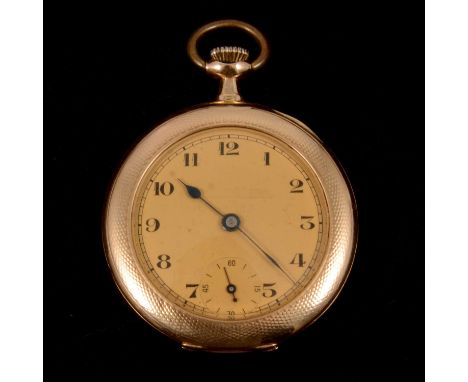 A yellow metal open face pocket watch, the circular gold-coloured dial with Arabic numeral chapter ring and subsidiary second