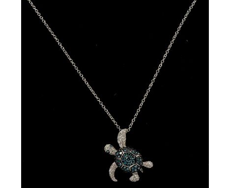 Effy - a Turtle design white metal, diamond and blue diamond pendant and chain, the turtle set with brilliant cut diamonds an
