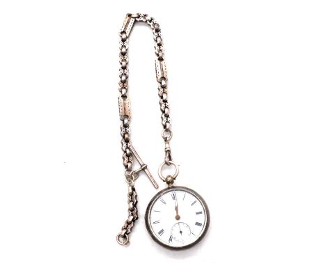 A silver open face pocket watch and Albert watch chain, a silver open face pocket watch, the circular white enamel dial with 