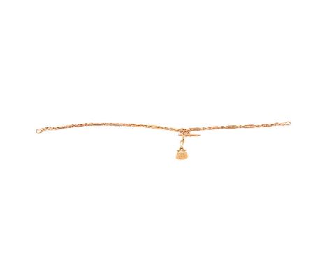 A 9 carat yellow gold double Albert watch chain with fob, 5mm gauge alternating fancy twisted links and 15mm bar and figure o