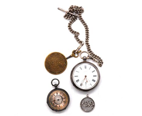 Two silver open face pocket watches, a silver double Albert watch chain, medal and brass calendar, a silver open face pocket 