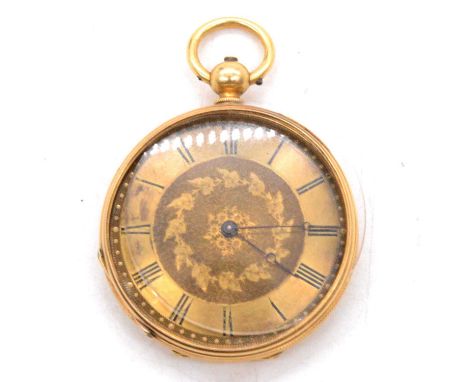 A small yellow metal open face pocket watch, the gold-coloured engine turned dial with roman numeral chapter ring and floral 